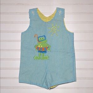PICTURE ME EUC Boys Embroidered Appliqué Snorkel Frog Gingham John John Romper